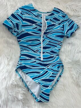 Urban Sea Women’s One Piece Swimsuit Blue Abstract Print Front Zip Rash Guard